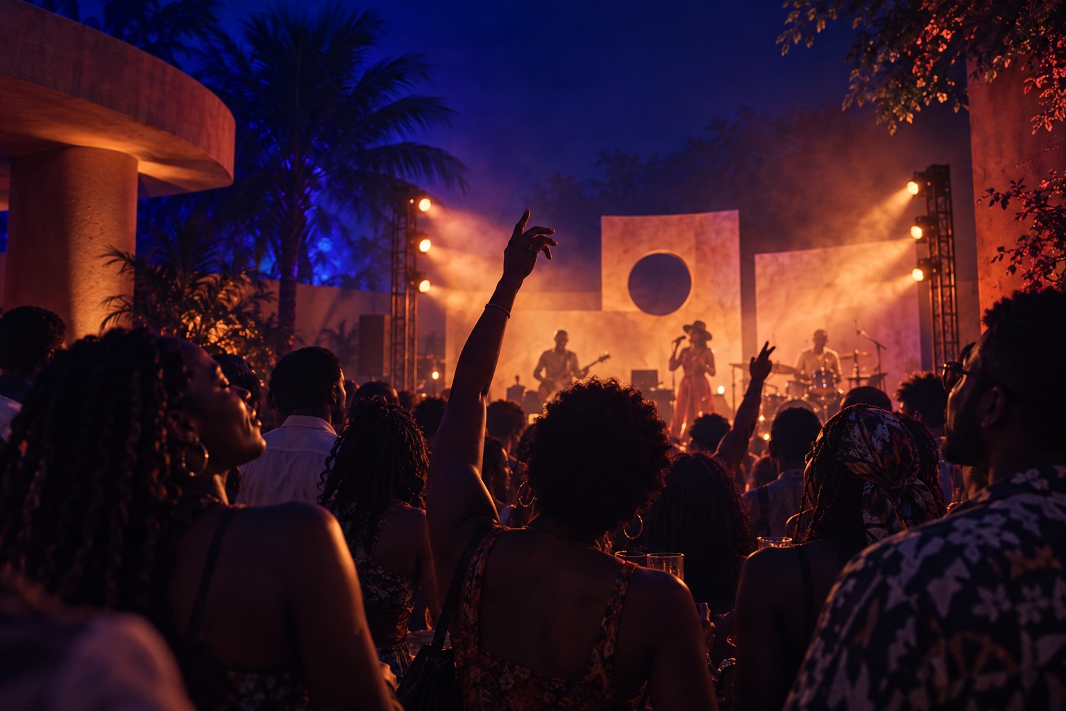 A close crowd enjoying an amber-lit performance in the courtyard